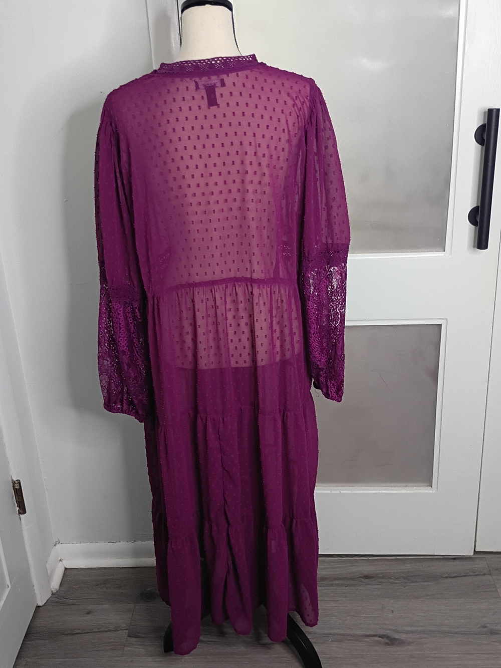 Torrid Sheer Plum Dotted Lace Sleeve Boho Maxi Duster with Tie Front, Size 2 - Picture 3 of 9
